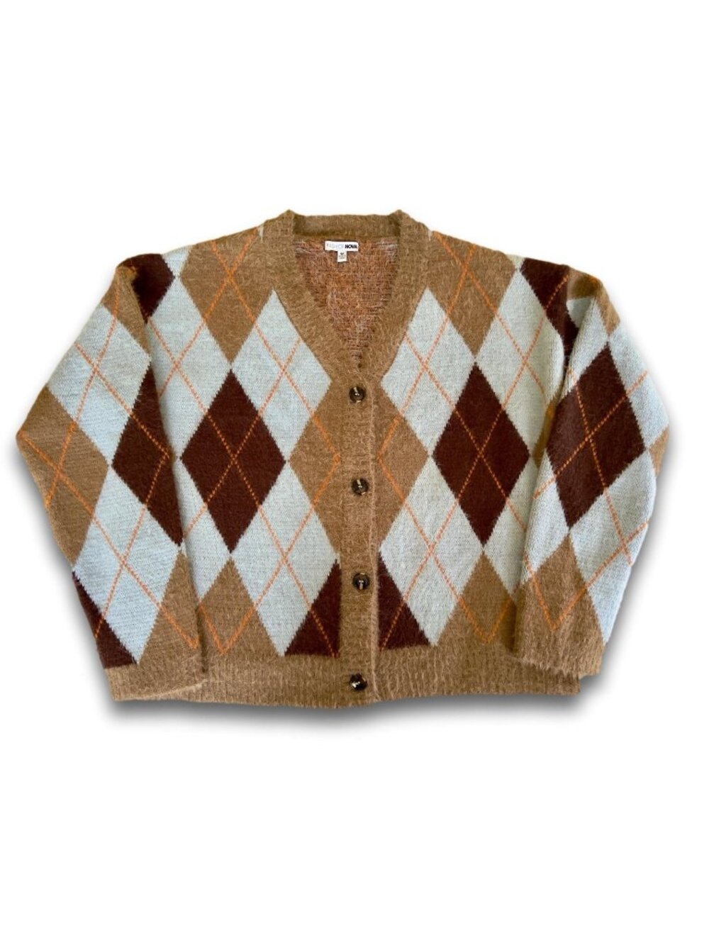 Fashion Nova Preppy Girl Fuzzy Argyle Cardigan Oversized Sweater M